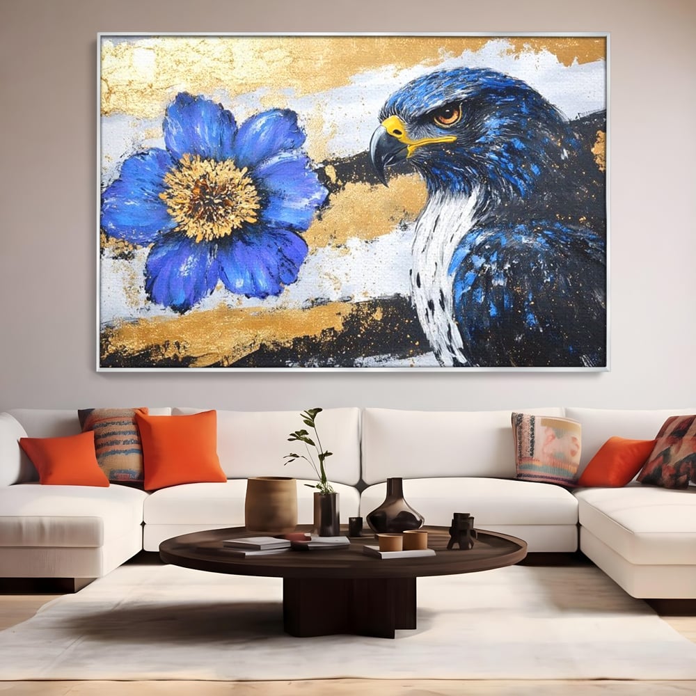 Tablou canvas cu pictura canvas cu soim si floare, in rama de aluminiu argintiu, pe perete intr-un living